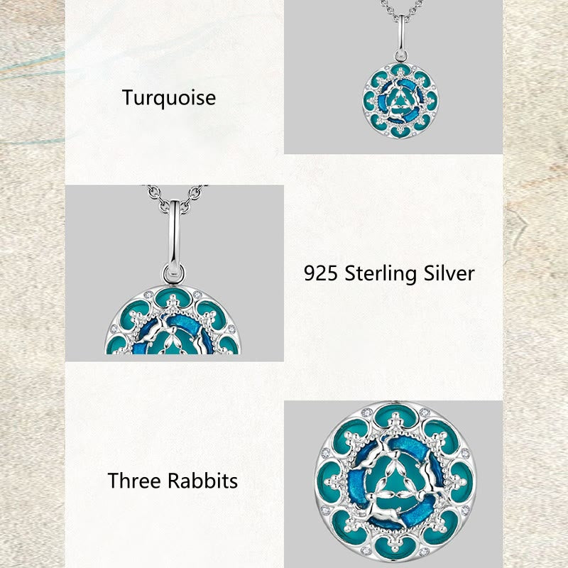 Wear FengShui 925 Sterling Silver Round Turquoise Three Rabbits Balance Necklace Pendant