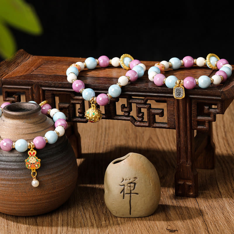 Wear FengShui Tibetan Zakiram Goddess of Wealth Rabbit Lion Head Charm Liuli Glass Incense Ash Porcelain Bead Protection Bracelet