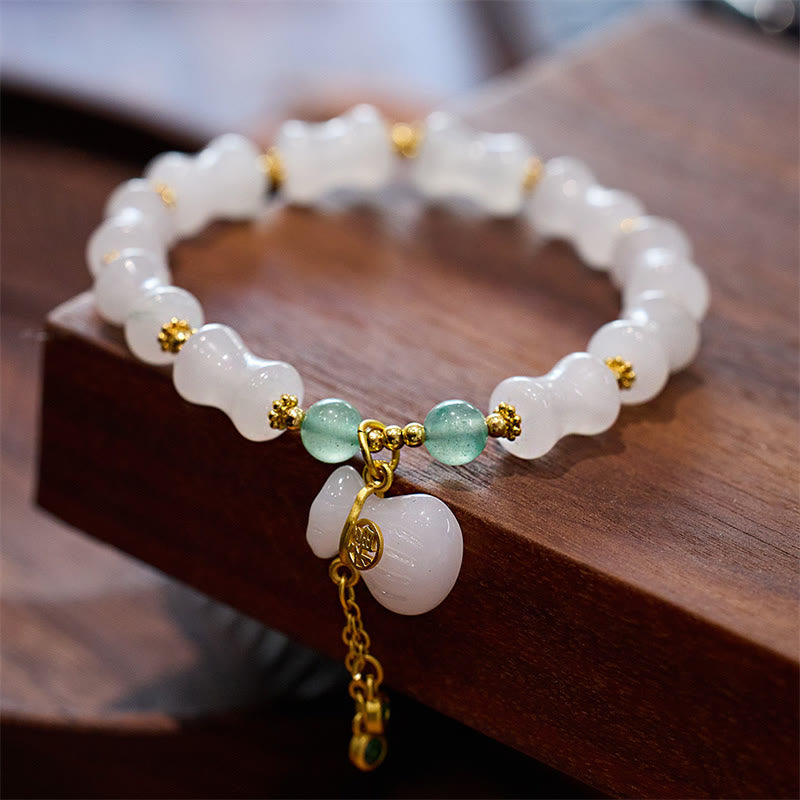 Wear FengShui Natural White Golden Silk Jade Bamboo Pattern Wealth Lucky Bag Fu Character Bracelet