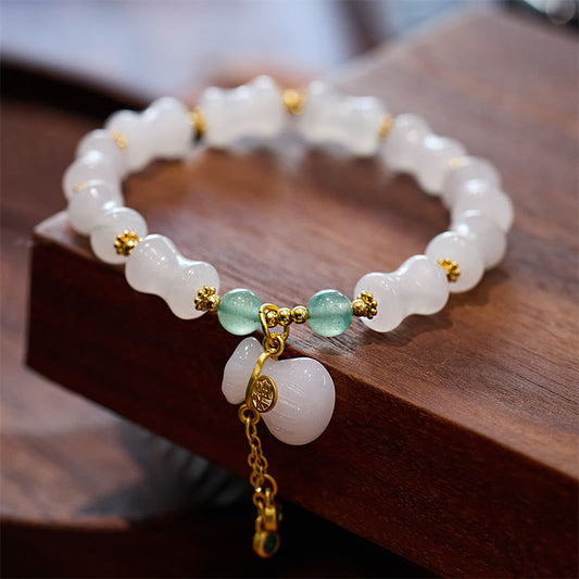 Wear FengShui Natural White Golden Silk Jade Bamboo Pattern Wealth Lucky Bag Fu Character Bracelet