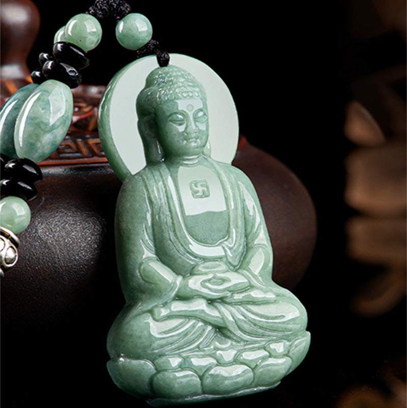 Wear FengShui Amitabha Buddha Jade Amulet Compassion String Necklace