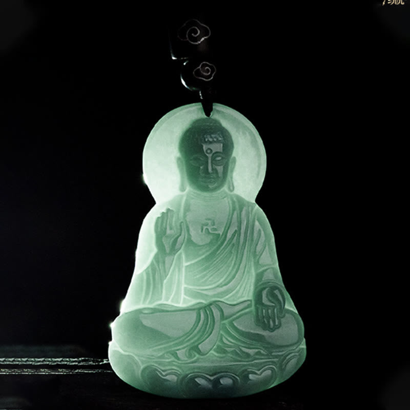 Wear FengShui Amitabha Buddha Natural Jade Lotus Amulet Compassion String Necklace Pendant