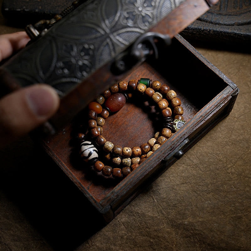 Wear FengShui Tibetan Bodhi Seed Amber Dzi Bead Agate Zakiram Goddess of Wealth Beads Triple Wrap Bracelet