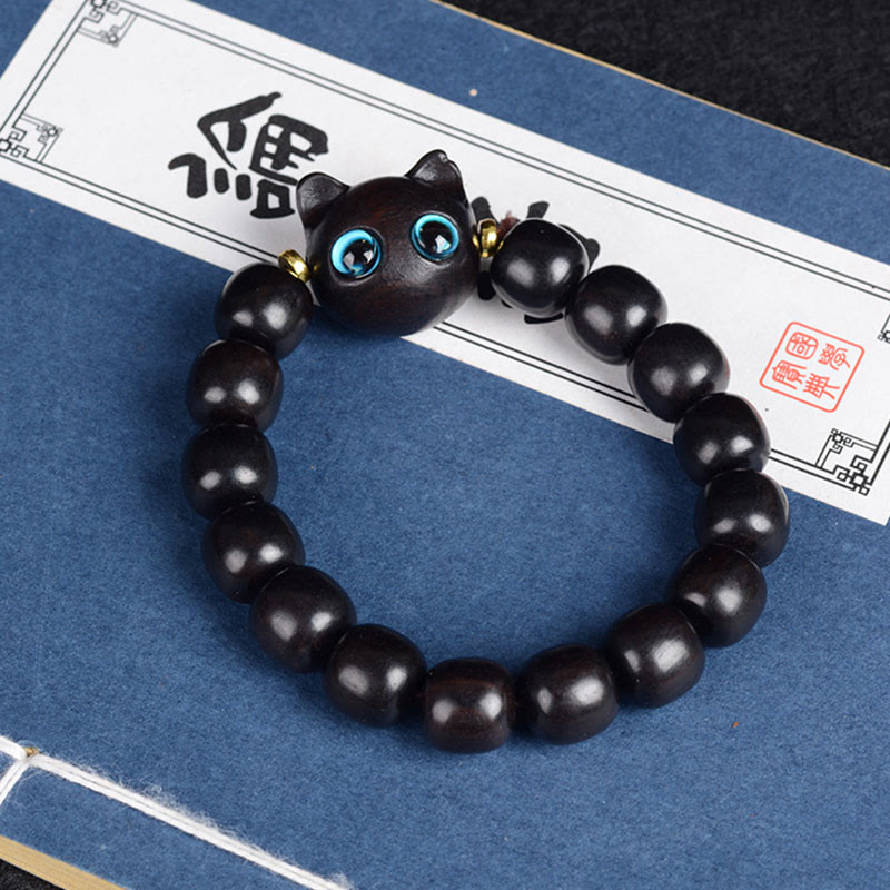 Wear FengShui Ebony Wood Green Sandalwood Red Sandalwood Lovely Cat Balance Bracelet