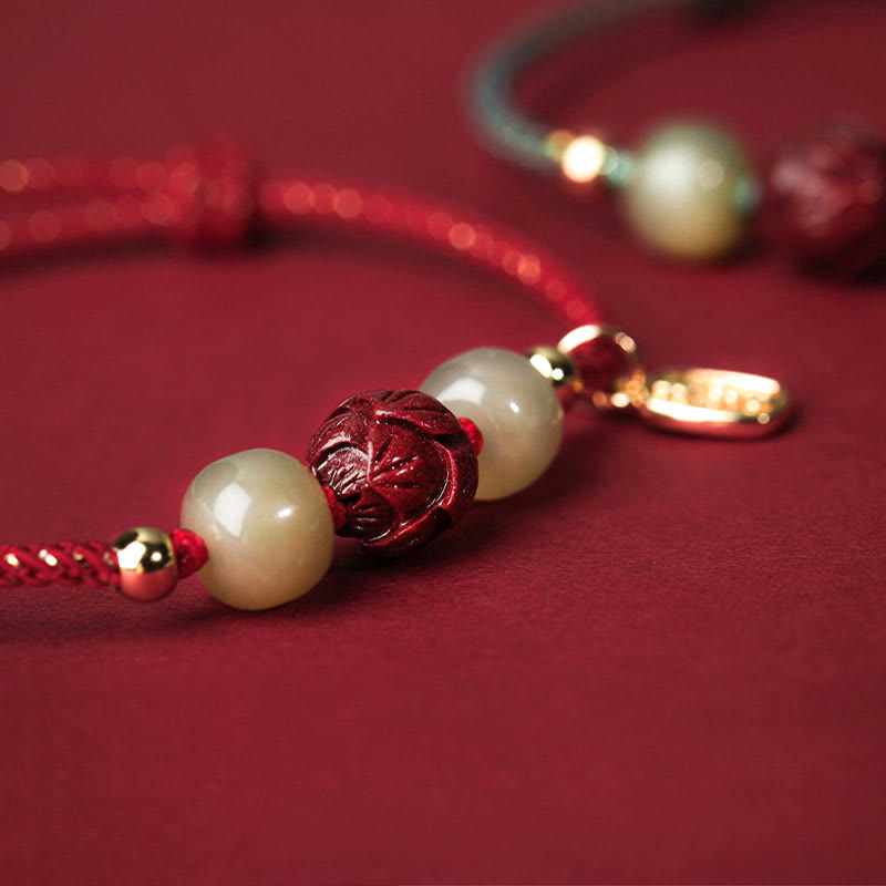 Wear FengShui 14K Gold Plated Hetian Jade Cinnabar Lotus Luck Handcrafted Rope Bracelet