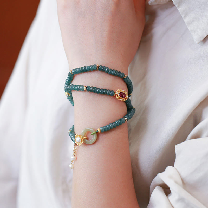 Wear FengShui 925 Sterling Silver Gold Plated Cyan Jade Flower Peace Buckle Success Triple Wrap Bracelet