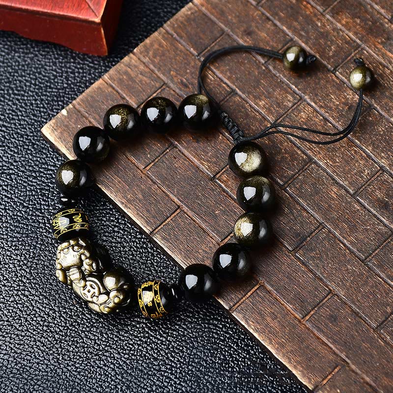 Wear FengShui Natural Gold Sheen Obsidian PiXiu Om Mani Padme Hum Wealth Braided Bracelet