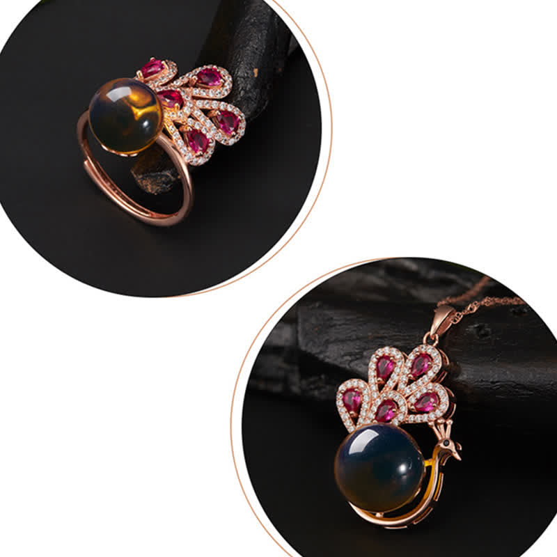 Wear FengShui Peacock Amber Fortune Love Necklace Pendant Ring