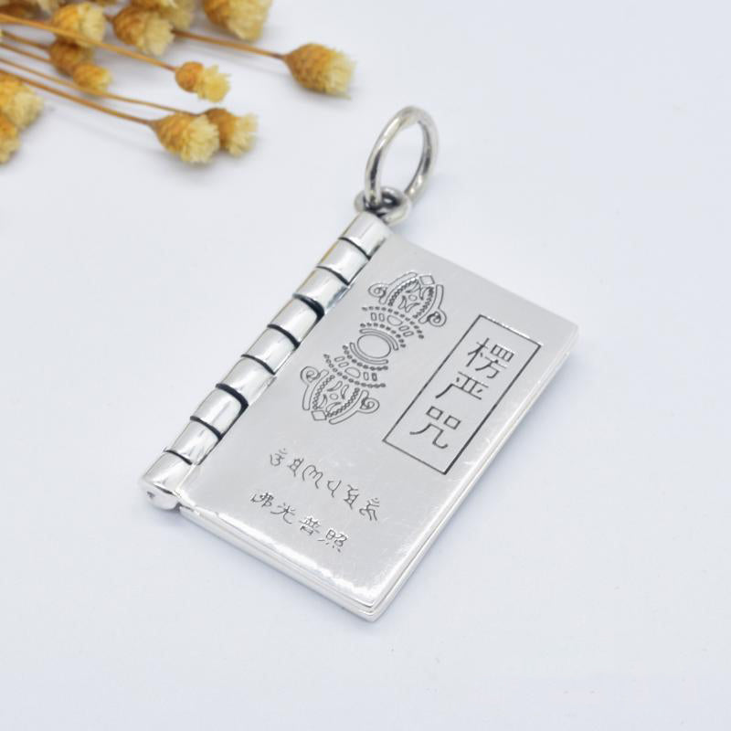 Wear FengShui 990 Sterling Silver Heart Sutra Great Compassion Shurangama Mantra Lotus Vajra Peace Necklace Pendant