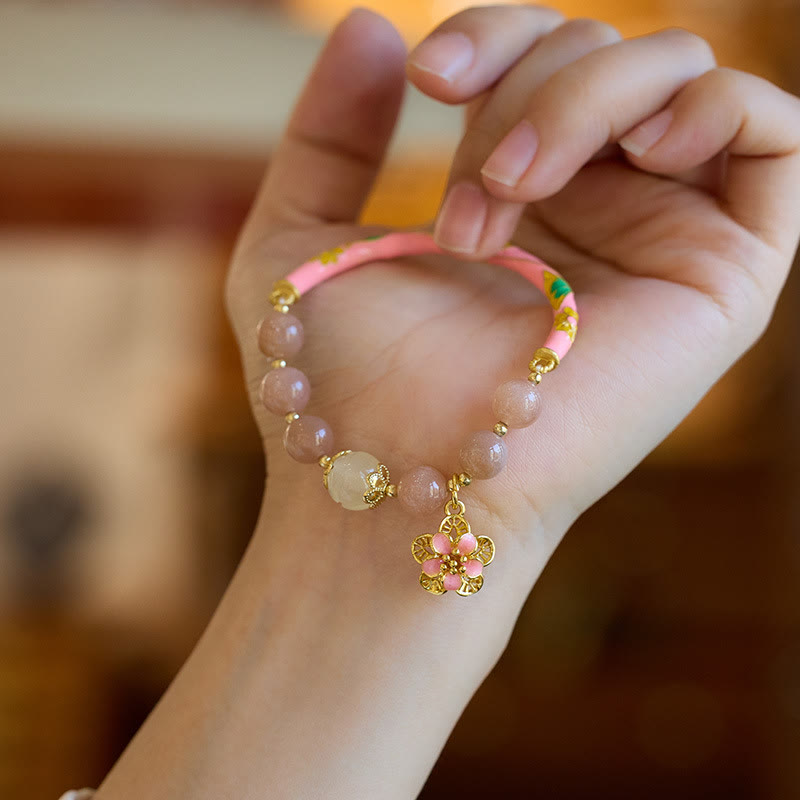 Wear FengShui Natural Sun Stone Golden Silk Jade Flower Charm Wealth Bracelet Bangle