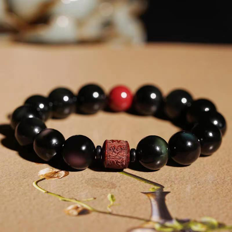 Wear FengShui Natural Gold Sheen Obsidian Rainbow Obsidian Om Mani Padme Hum Fu Character Healing Bracelet