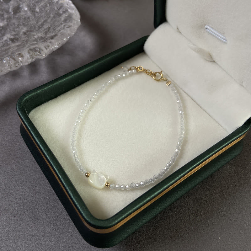 Wear FengShui 14K Gold Plated Black Spinel White Crystal Cute Cat Tridacna Stone Healing Bracelet