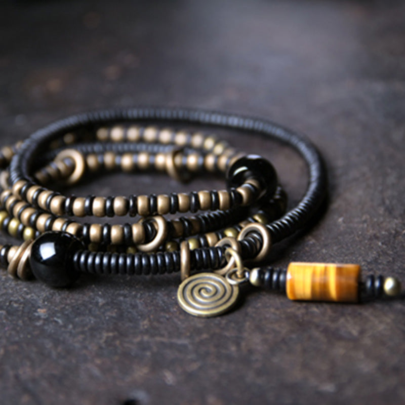 Wear FengShui Ebony Wood Dzi Bead Copper Peace Couple Bracelet Necklace Pendant