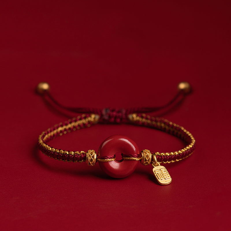 Wear FengShui Natural Cinnabar Peace Buckle Fu Character Charm Blessing Braided Bracelet
