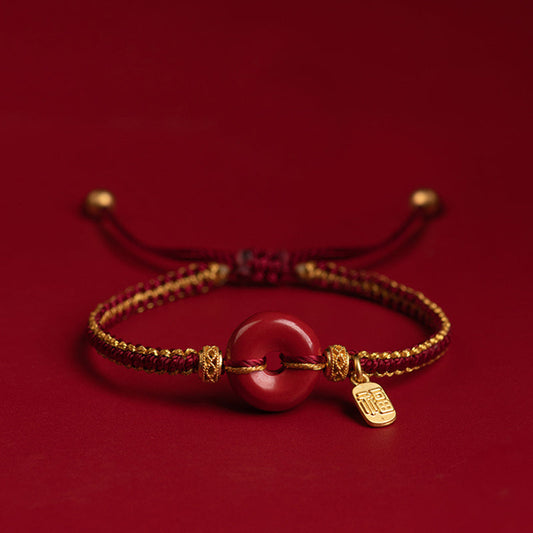 Wear FengShui Natural Cinnabar Peace Buckle Fu Character Charm Blessing Braided Bracelet