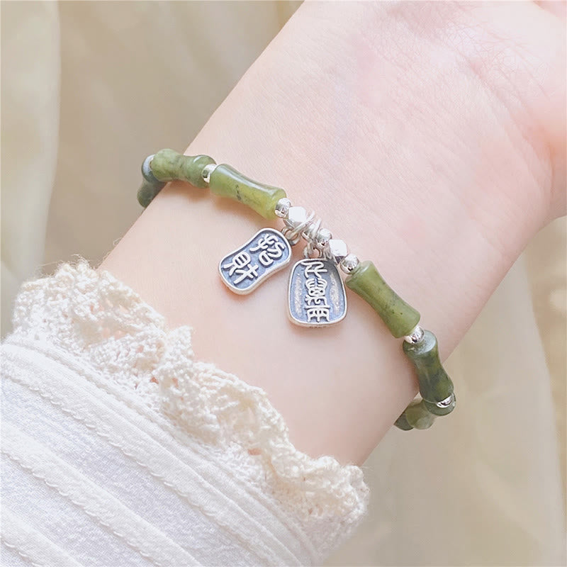 Wear FengShui 925 Sterling Silver Bamboo Jade Lucky Cat Fu Character Luck Abundance Bracelet