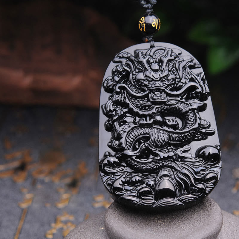 Wear FengShui Black Obsidian Stone Dragon Fulfilment Pendant Necklace