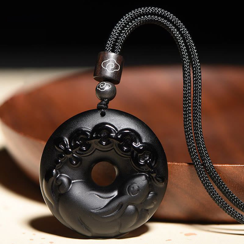 Wear FengShui Chinese Zodiac Natural Black Obsidian Peace Buckle Strength Necklace Pendant