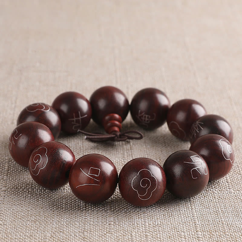 Wear FengShui 925 Sterling Silver Inlaid Small Leaf Red Sandalwood Om Mani Padme Hum Character Auspicious Clouds Protection Bracelet