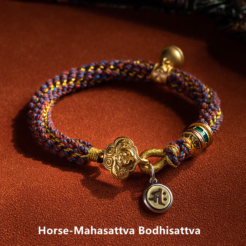 Wear FengShui 925 Sterling Silver Chinese Zodiac Natal Buddha Om Mani Padme Hum Luck Bell Braided String Bracelet