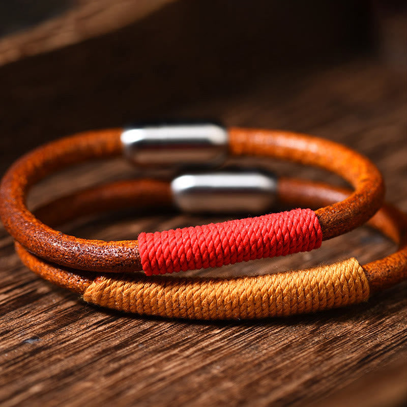 Wear FengShui Tibetan Leather Handmade Five Elements Luck Braid String Buckle Bracelet