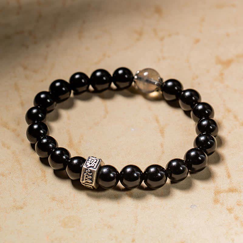 Wear FengShui Chinese Zodiac Natal Buddha 925 Sterling Silver Black Obsidian Moonstone Strength Bracelet