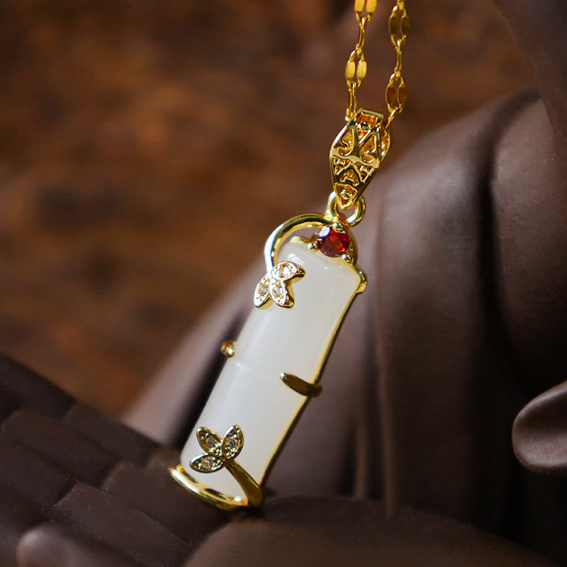 Wear FengShui White Jade Cyan Jade Bamboo Luck Protection Necklace Pendant