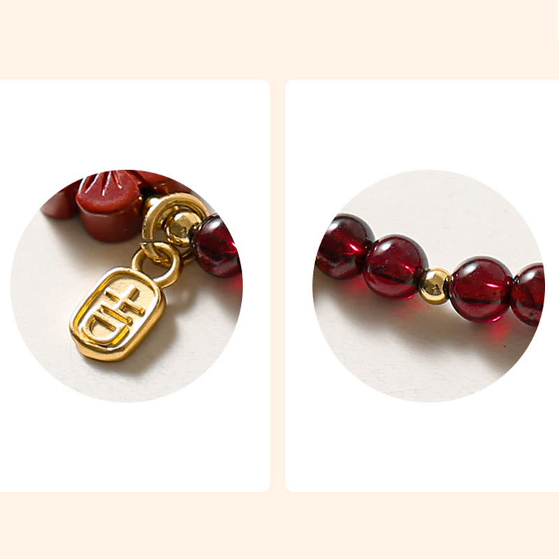 Wear FengShui 14K Gold Plated Natural Garnet Cinnabar Flower Calm Bracelet