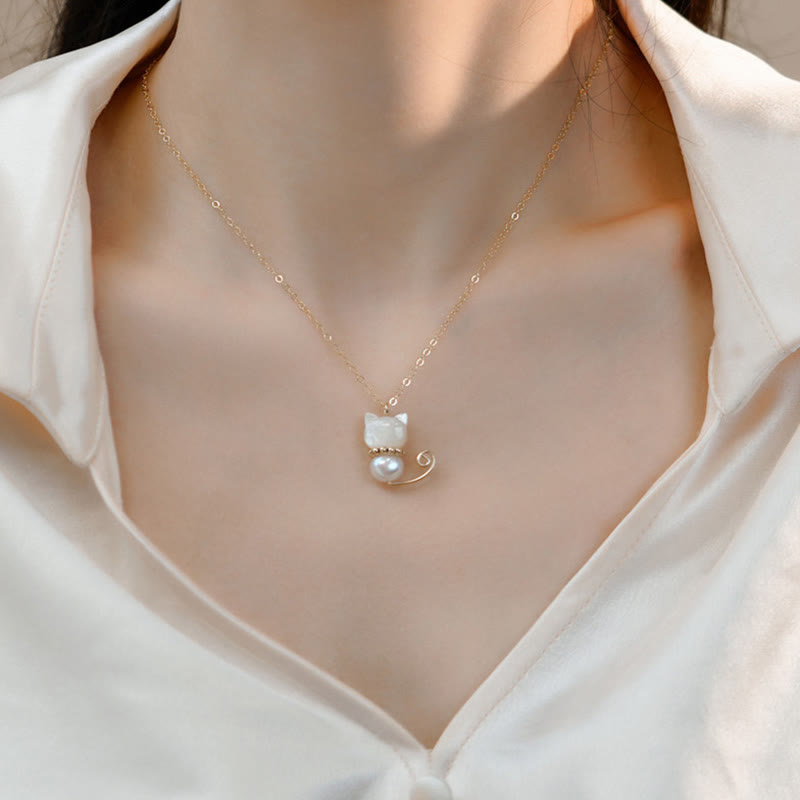 Wear FengShui 14K Gold Plated Pearl Hetian Jade Shell Luck Cat Kitten Necklace Pendant