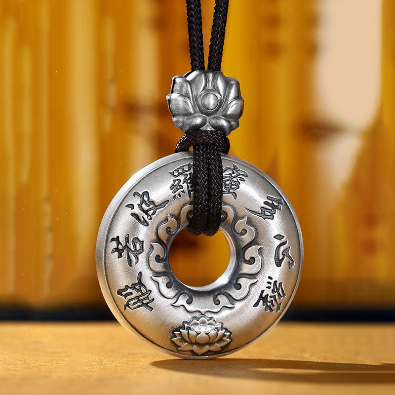 Wear FengShui 999 Sterling Silver Heart Sutra Lotus Peace Buckle Necklace Pendant