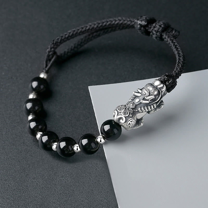 Wear FengShui 999 Sterling Silver FengShui PiXiu Natural Black Obsidian 925 Sterling Silver Bead Strength Bracelet