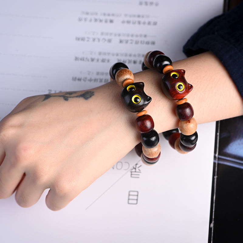Wear FengShui Small Leaf Red Sandalwood Ebony Wood Cute Cat Engraved Protection Bracelet