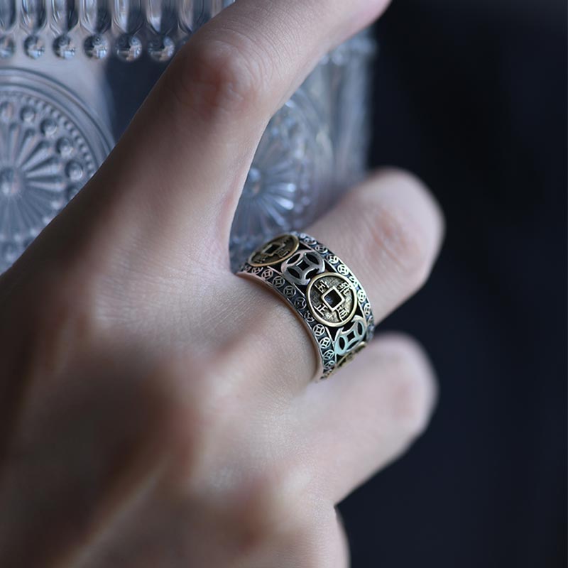Wear FengShui Five-Emperor Coins Balance Adjustable Ring