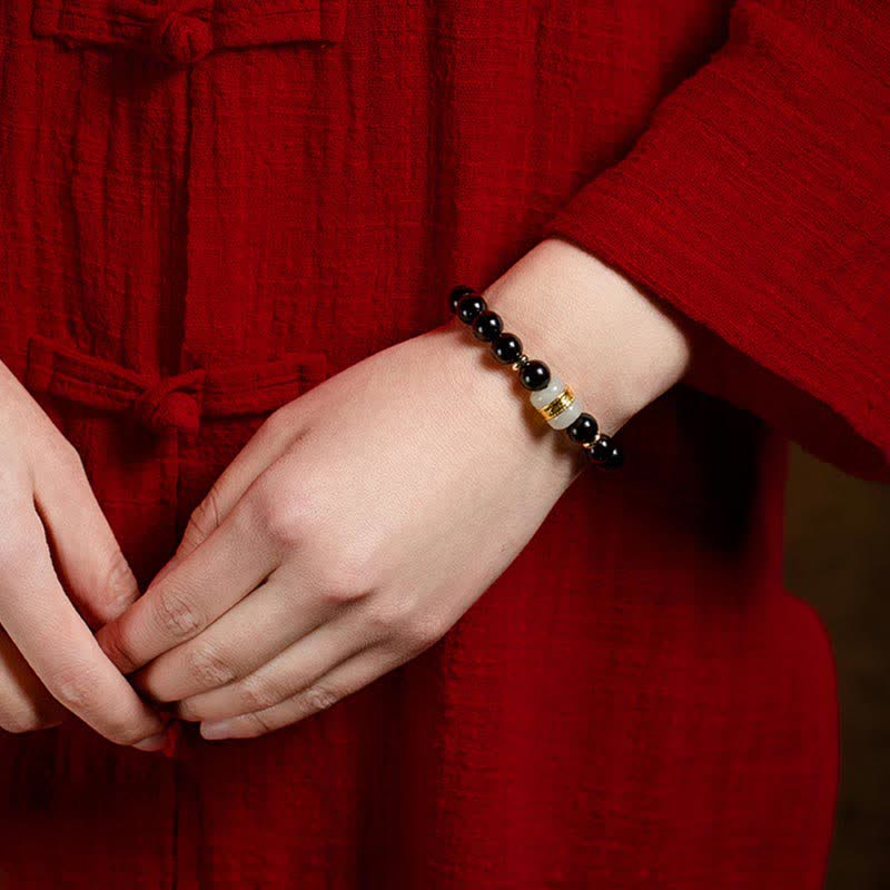 Wear FengShui Black Obsidian Jade Om Mani Padme Hum Strength Couple Magnetic Bracelet