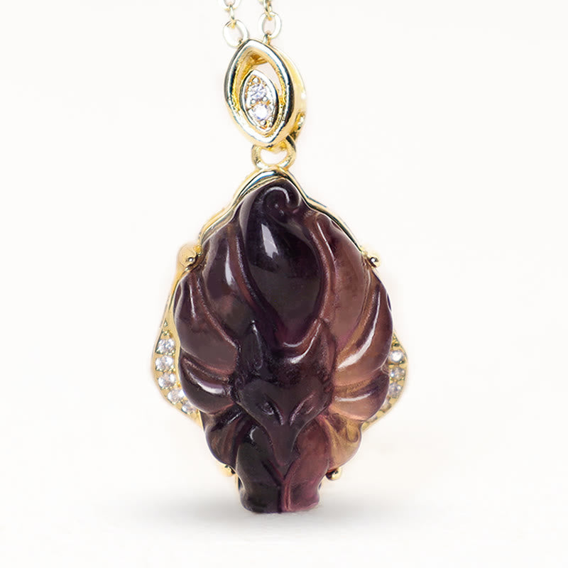 Wear FengShui Natural Colorful Fluorite Nine Tailed Fox Protection Necklace Pendant