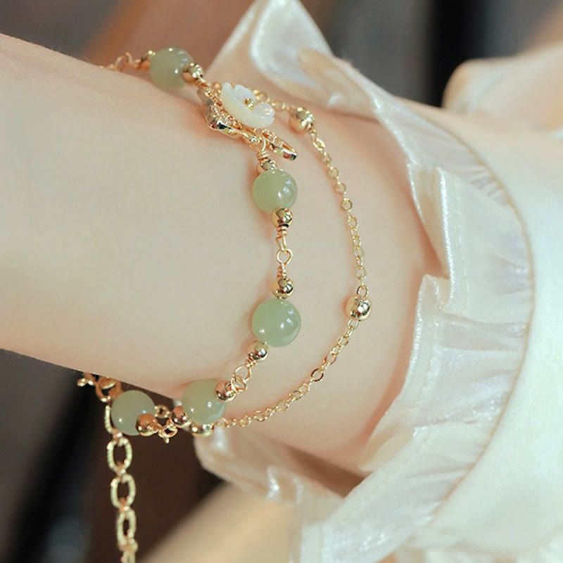 Wear FengShui 14K Gold Plated Jade Butterfly Tridacna Stone Flower Double Layer Luck Bracelet