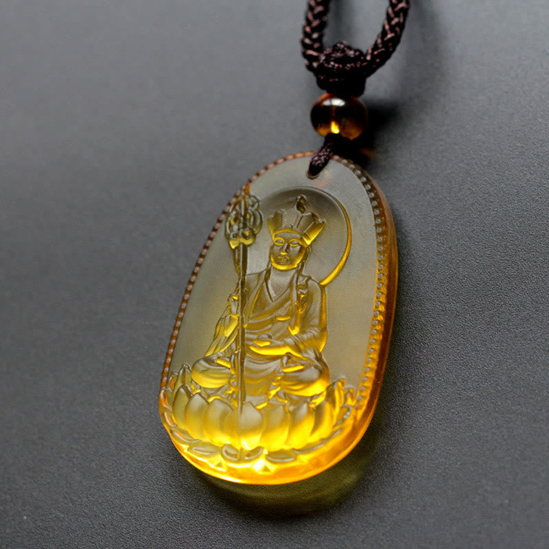 Wear FengShui Ksitigarbha Buddha Liuli Crystal Serenity Amulet Necklace Pendant