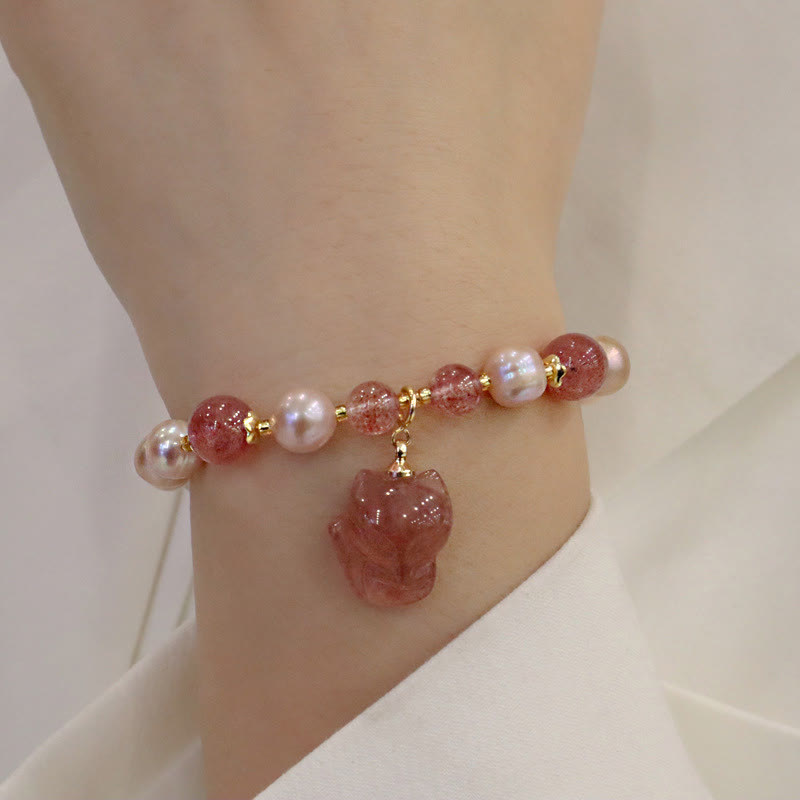 Wear FengShui Natural Pearl Strawberry Quartz Cute Fox Love Healing Charm Bracelet