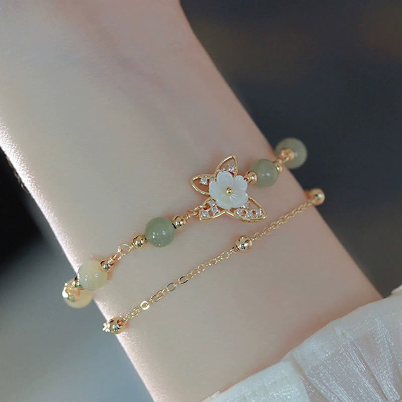 Wear FengShui 14K Gold Plated Jade Butterfly Tridacna Stone Flower Double Layer Luck Bracelet