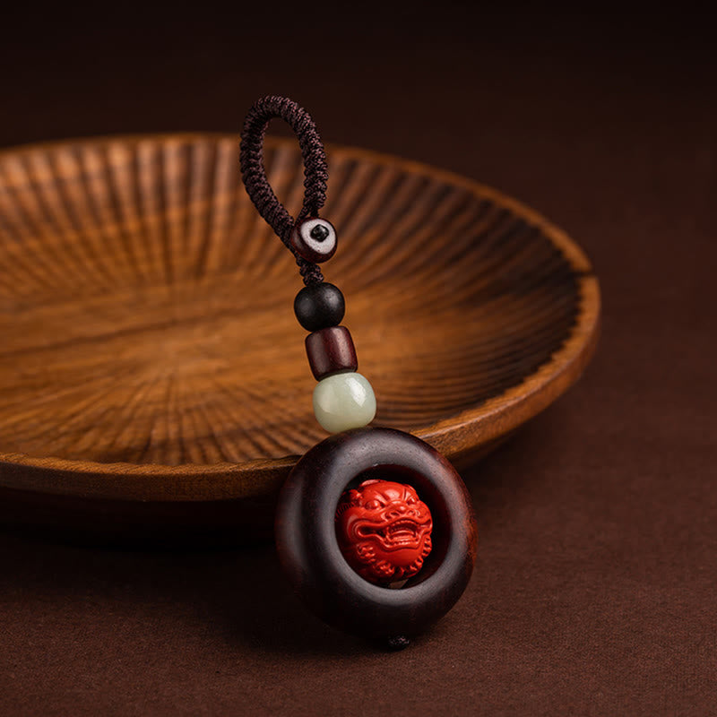 Wear FengShui Tibet Om Mani Padme Hum PiXiu Copper Coin Small Leaf Red Sandalwood Cinnabar Protection Key Chain
