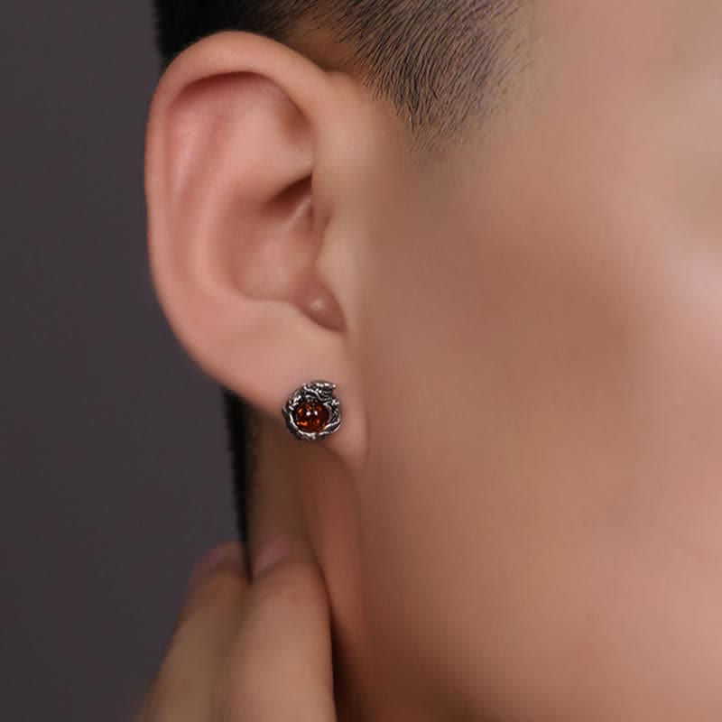 Wear FengShui 925 Sterling Silver Natural Amber Dragon Success Protection Stud Earring