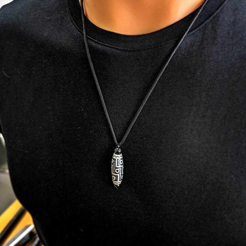 Wear FengShui Tibet Nine-Eye Dzi Bead Pattern Copper Auspicious Clouds Wealth Necklace Pendant