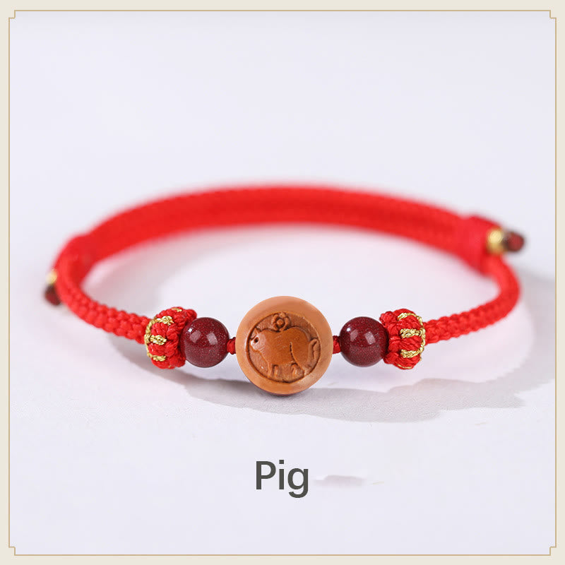 Wear FengShui Natural Peach Wood Chinese Zodiac Fu Character Carved Cinnabar Wealth Bracelet