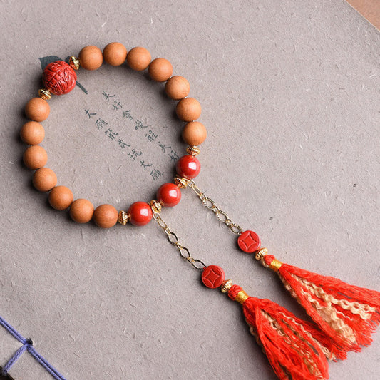 Wear FengShui Tibetan Natural Peach Wood Cinnabar PiXiu Wealth Tassels Bracelet