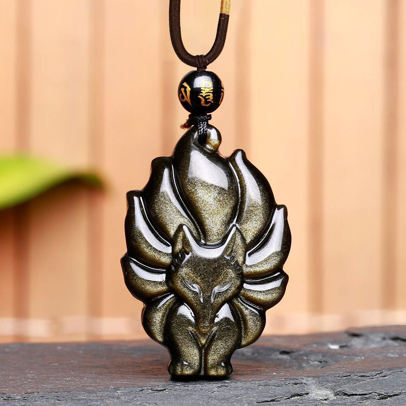 Wear FengShui Natural Rainbow Obsidian Gold Sheen Obsidian Nine Tailed Fox Positive Necklace Pendant