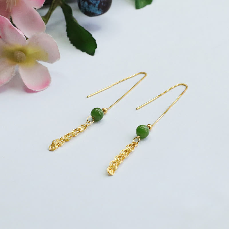 Wear FengShui 925 Sterling Silver Natural Hetian Cyan Jade Bead Luck Phoenix Tail Drop Earrings