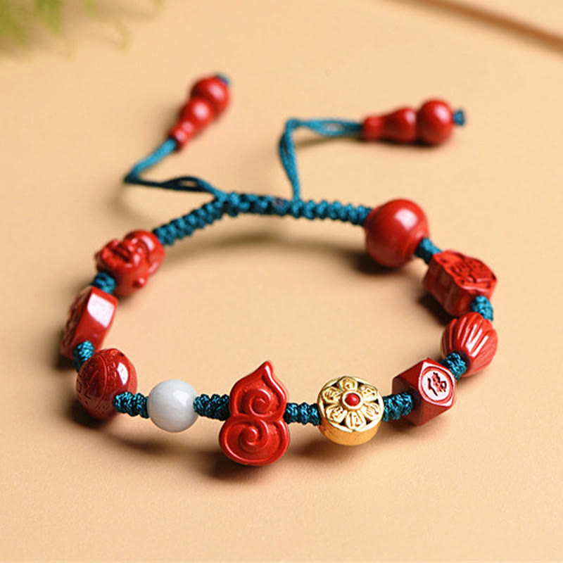 Wear FengShui Natural Cinnabar Gourd Om Mani Padme Hum Laughing Buddha Blessing String Bracelet