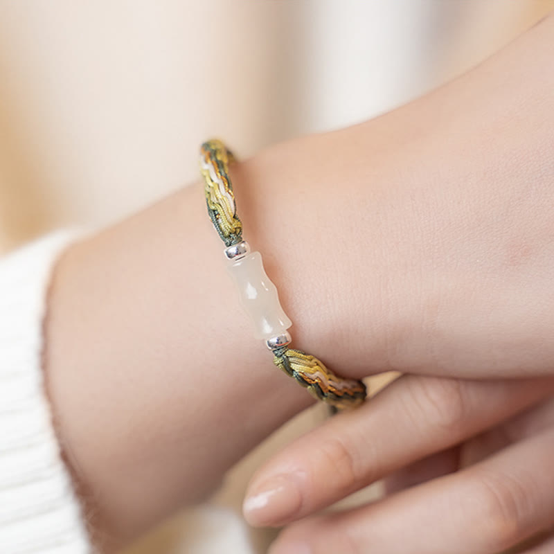 Wear FengShui White Jade Bamboo Reincarnation Knot Wealth Luck Strength String Bracelet