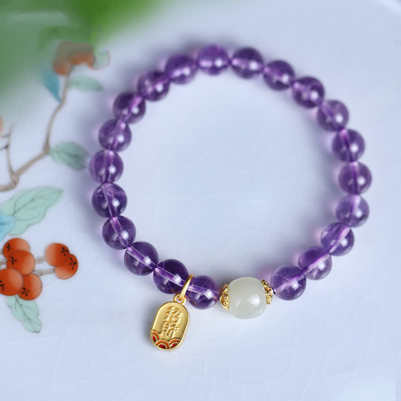 Wear FengShui Natural Amethyst Crystal Hetian Jade Healing Charm Bracelet