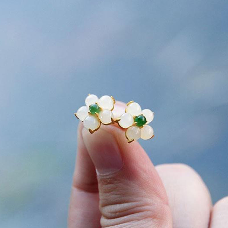 Wear FengShui White Jade Flower Luck Blessing Stud Earrings